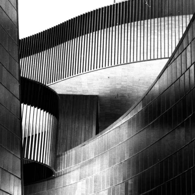 A black and white photo of interior architecture